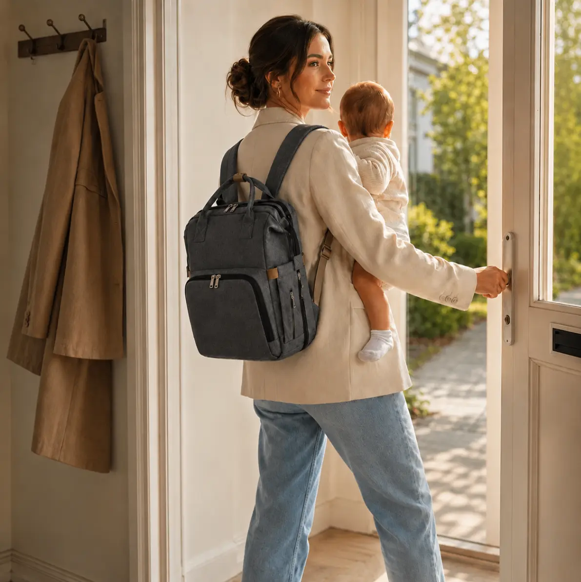 Ouder draagt de BabyGo Luiertas terwijl ze met baby de deur uit gaat