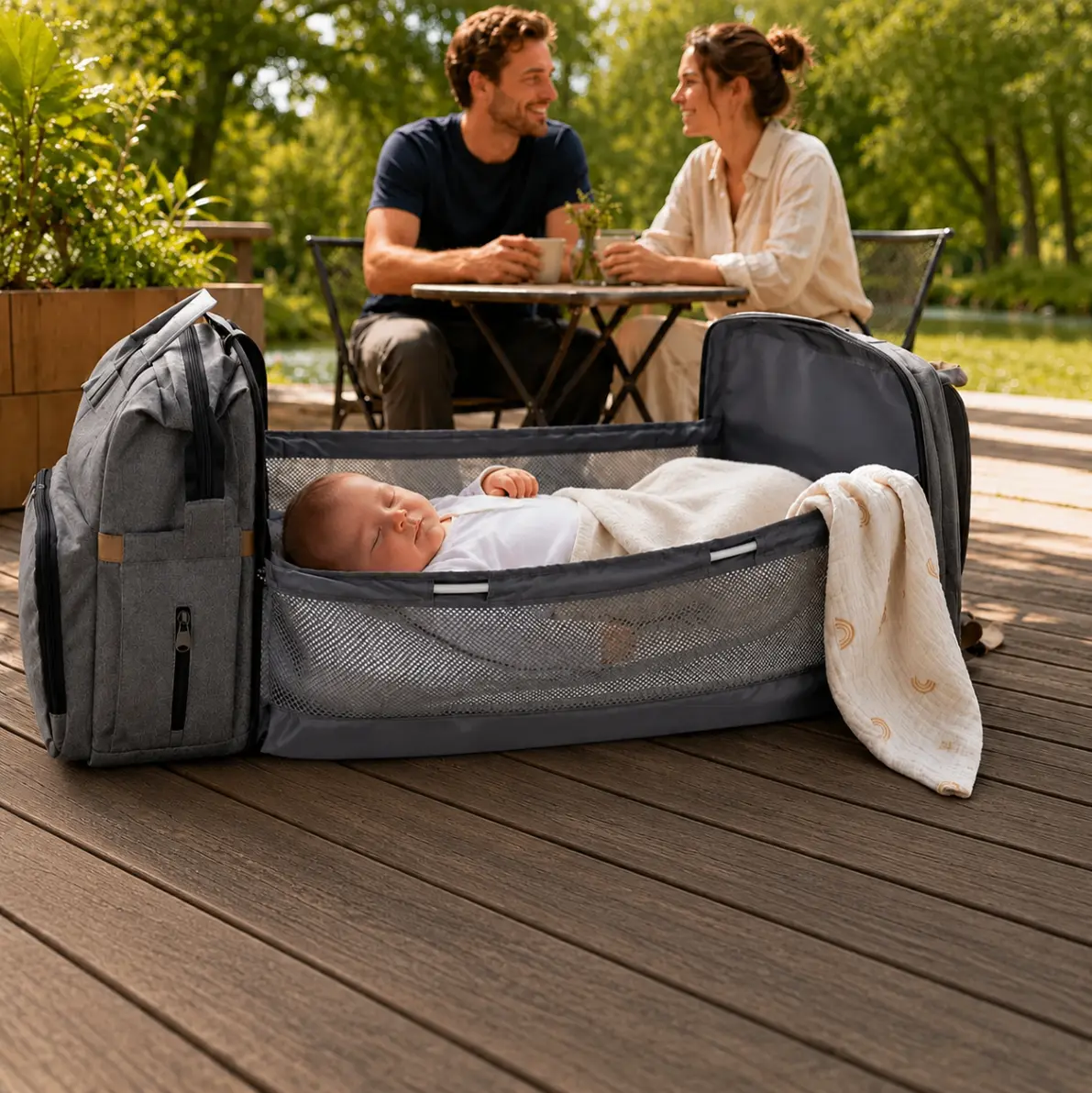 Baby slaapt in het uitgeklapte bed van de BabyGo Luiertas terwijl ouders ontspannen op het terras
