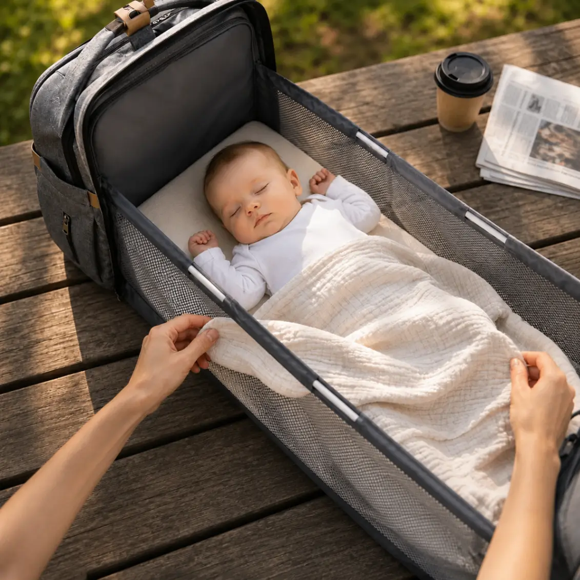 Baby rust in het uitgevouwen bedgedeelte van de BabyGo Luiertas op een houten tafel