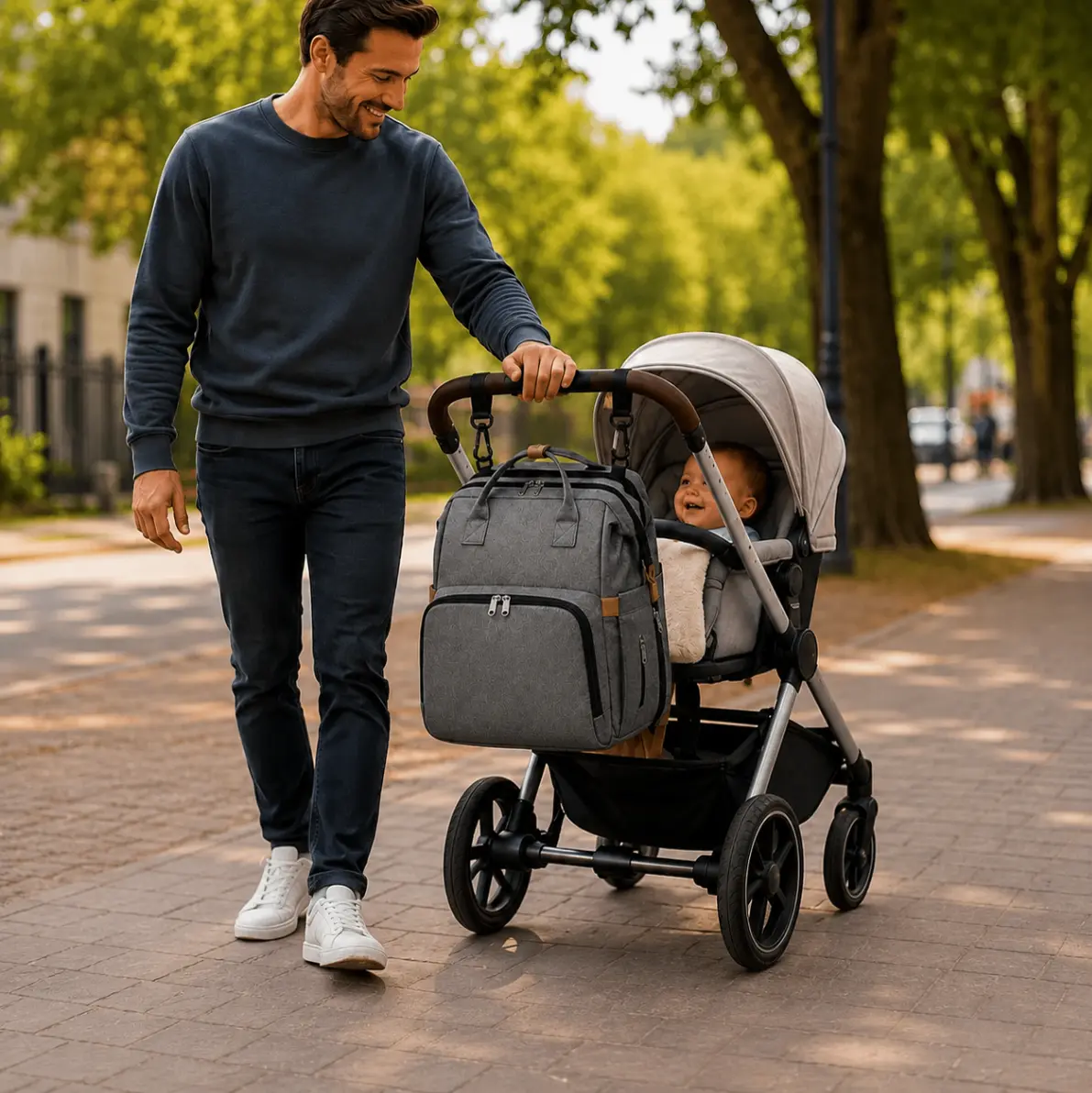 Vader wandelt met kinderwagen en BabyGo Luiertas in het park